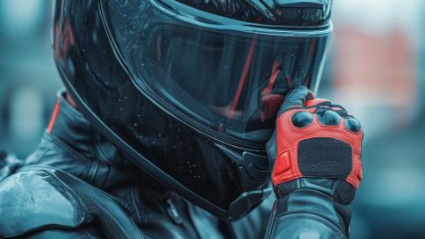 Ein Motorradfahrer mit Helm, Schutzkleidung und Handschuhen