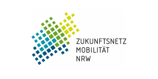 Logo des Zukunftsnetzes Mobilität NRW. Links der Umriss des Landes NRW in verschiedenen Farben, rechts der Schriftzug.