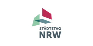 Logo des Städtetags NRW. Oben links das Logo in Form von farbigen Rechtecken, unten Rechts der Schriftzug